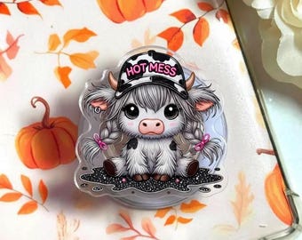 Hot Mess Highland Cow Phone Grip: Girly Acrylic Animal Magnetic Holder