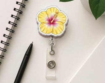 Kawaii Hibiscus Badge Reel, Flowers ID Clip, Nurse Badge Accessory, Floral Office Supplies