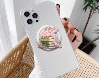 Dragon and Books Acrylic Phone Grip, Bookish Creature Magnetic Holder, Kawaii Bookworm Griptok