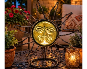 Vintage Celestial Sun Face Candle Holder Green Glass Metal Southwestern Decor