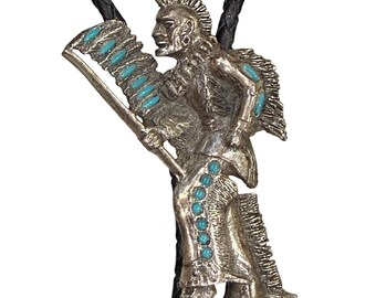 Vintage Florenta of California 1970s Native American Warrior Turquoise Bolo Tie