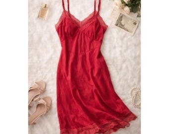 Abito sottoveste vintage rosso con pizzo, lunghezza midi, taglio sbieco, romantico e civettuolo, taglia 38