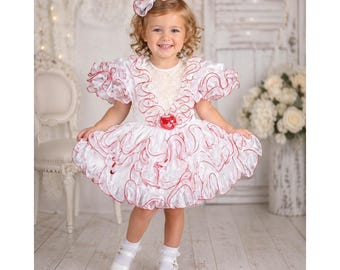 Vintage Toddler Pageant Dress White Red Ruffle Lace Southern Party Girl Handmade