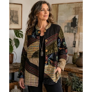 Puede incluir: Una chaqueta de manga larga con un diseño de patchwork de terciopelo y tejidos texturizados en tonos negro, verde oliva y beige. La chaqueta tiene un cuello redondo, cierre frontal con botones de madera y dos bolsillos laterales.