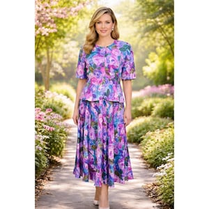 Adrianna Papell 100% Silk 2 Pc Skirt Suit Floral Vintage Women 14 Easter Church image 1