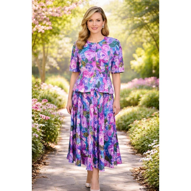 Adrianna Papell 100% Silk 2 Pc Skirt Suit Floral Vintage Women 14 Easter Church image 1