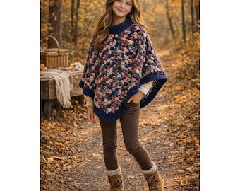 Poncho de ganchillo vintage de los años 70 para niños, talla única, morado, estilo bohemio, tejido grueso, capa hecha a mano, estilo retro.