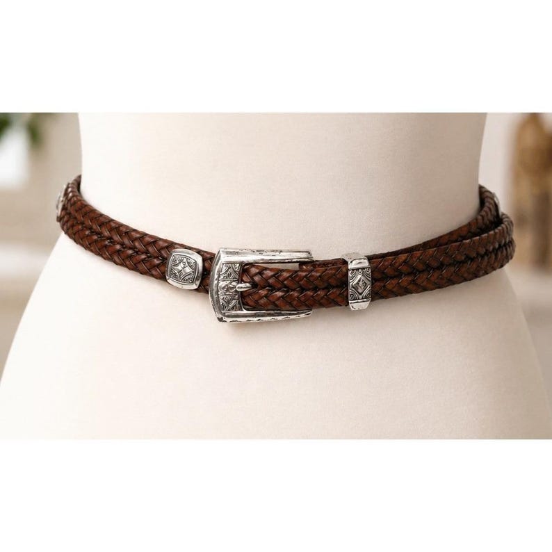 Brighton Brown Braided Leather Belt Silver Engraved Buckle Southwestern Size 32 image 2