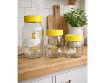 Vintage Duck Glass Canister Set Yellow Lid 80s Kitchen Farmhouse Sun Tea Jars