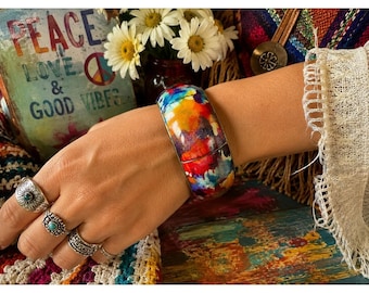 Colorful Brass Bone Bangle Bracelet Chunky Wide Boho Hippie Artisan Statement