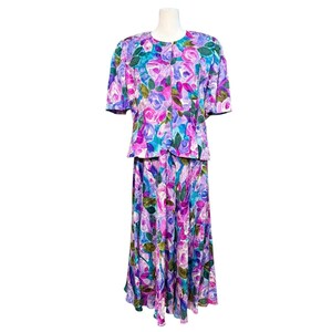 Adrianna Papell 100% Silk 2 Pc Skirt Suit Floral Vintage Women 14 Easter Church image 2