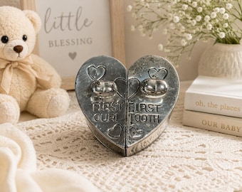 Caja de recuerdos vintage para bebé con forma de corazón, primer diente de leche, chapada en plata.