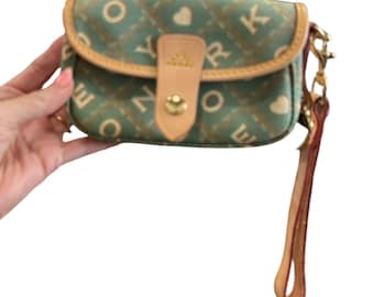 Dooney & Burke Wristlet Green Monogram Logo Leather Y2K Mini Pouch Clutch Bag