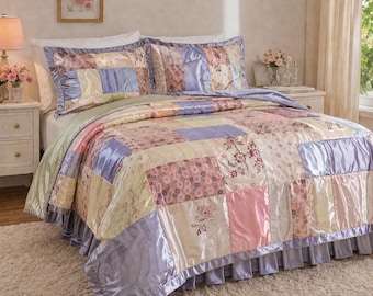 Vintage jaren 90 patchwork beddengoedset volledig satijnen dekbedhoezen rok Cottagecore