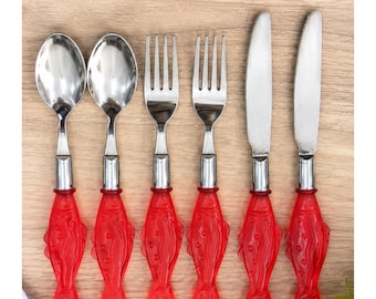 Vintage Fish Handle Flatware Set Red Plastic Stainless Taiwan 6 Pc Retro Coastal