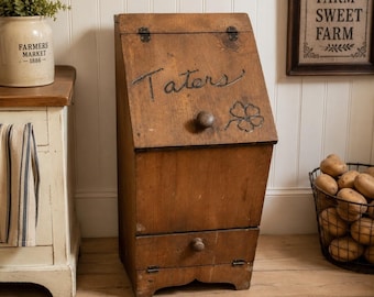 Vintage Wooden Potato Bin Taters Cabinet Primitive Rustic Farmhouse Storage