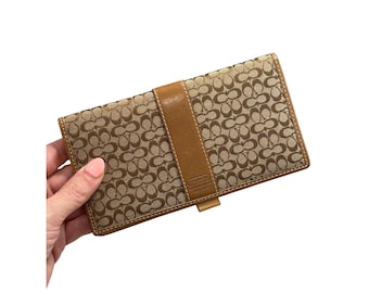 Coach Signature Monogram Canvas Leather Checkbook Cover Wallet Tan Brown Vintage