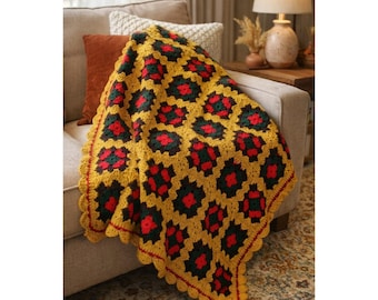 Vintage Crochet Granny Square Afghan Throw 59x45 Boho MCM Blanket