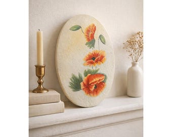 Handgemalte Mohnblumen Stein Fliesen Plaque Oval MCM Cottage Wandkunst