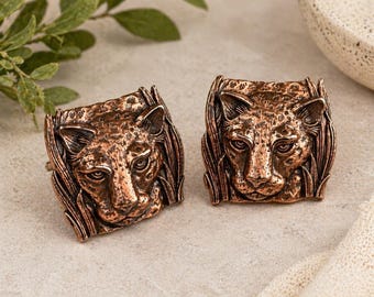 Vintage Big Cat Earrings Leopard Lion Copper Tone Statement JJ Jonette 1986