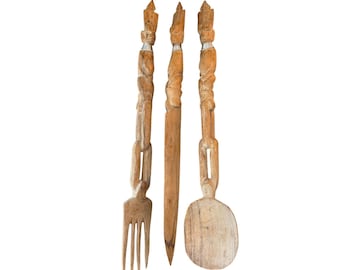 Hand Carved Wooden Tribal Serving Utensil Set Spoon Fork Knife 3 Pc Decor 17"