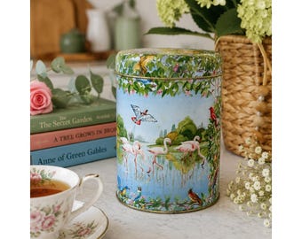 Vintage Style Flamingo Bird Decorative Tin Canister Cottagecore Storage Box