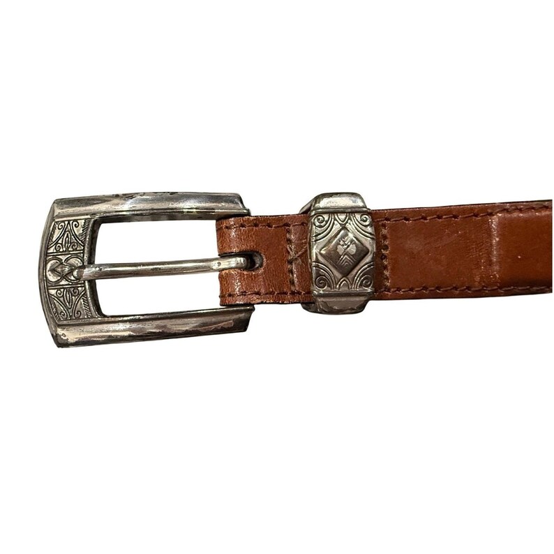 Brighton Brown Braided Leather Belt Silver Engraved Buckle Southwestern Size 32 image 4