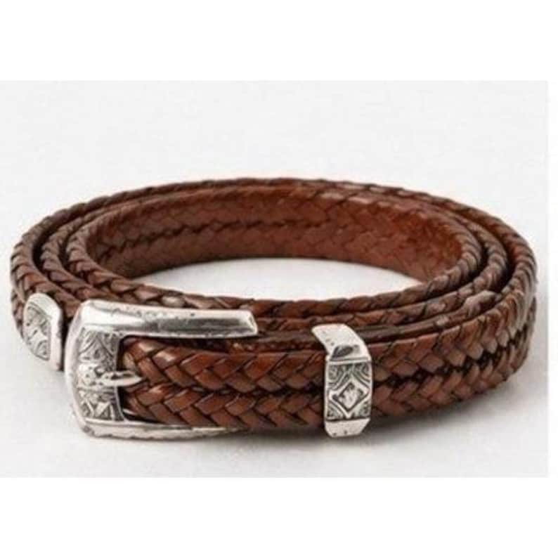 Brighton Brown Braided Leather Belt Silver Engraved Buckle Southwestern Size 32 image 1