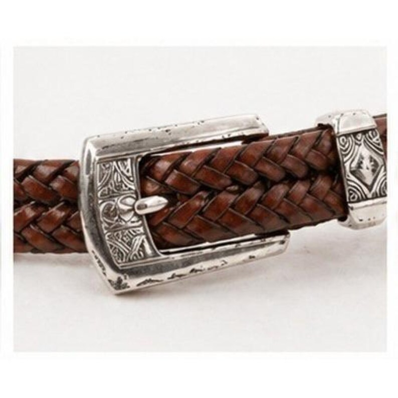 Brighton Brown Braided Leather Belt Silver Engraved Buckle Southwestern Size 32 image 3