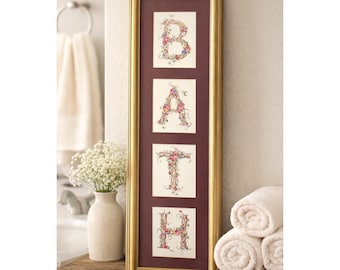 Mock Floral BATH Wall Art Cottagecore Bathroom Decor Vintage Framed