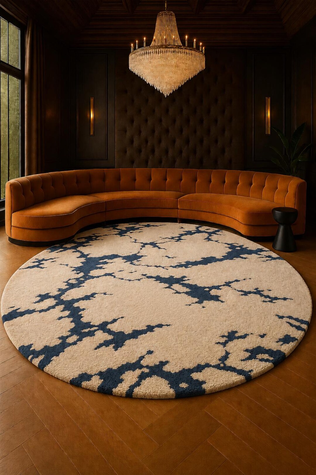 Round Abstract Area Rug, Blue Cream Modern Rug, Artistic Circle Carpet ...