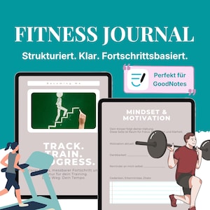 Op de afbeelding: Een teal afbeelding met de woorden "FITNESS JOURNAL" en "Strukturiert. Klar. Fortschrittsbasiert.". De afbeelding toont illustraties van fitnessactiviteiten, waaronder een persoon die op een loopband rent en een ander die gewichten heft.
