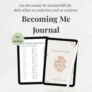 Puede incluir: Dos tabletas negras con el texto "Becoming Me Journal" y "Take Time For Yourself". Una tableta muestra una lista de "Becoming Routines". Un lápiz óptico blanco descansa sobre la segunda tableta. El diario tiene 195 páginas.