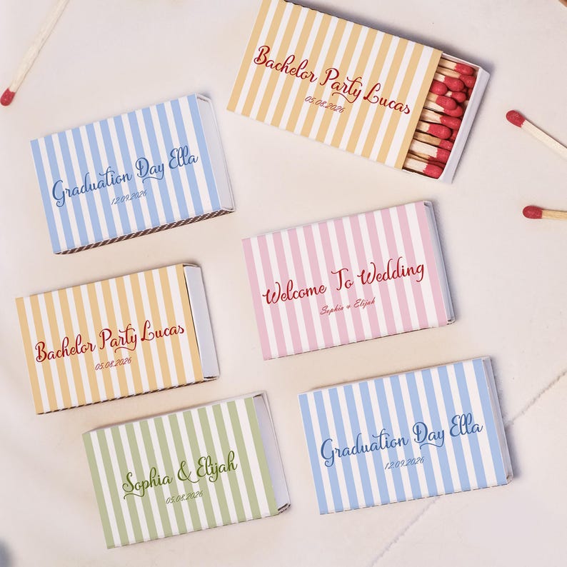 Personalised Striped Matchbox Set – Custom Name & Party Theme + Date ...