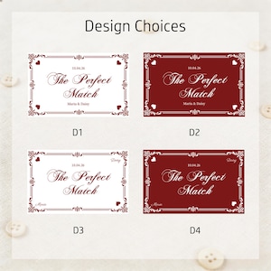 May include: Four design choices for wedding favor tags. Each tag features the text "The Perfect Match" with a decorative border and the names "Maria & Daisy". Two tags have a white background, and two have a burgundy background. The date "10.04.26" is also included.