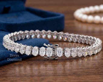 Oval Moissanit Tennisarmband, Weißgold vergoldet, Luxus Diamant, Brautschmuck, Hochzeitsarmband.