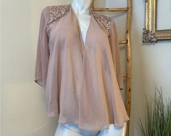 SLNY FASHION Blusa abierta en rosa ruborizado/malva con 8 lentejuelas y hombreras vintage
