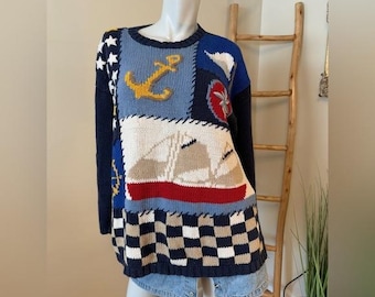Suéter vintage náutico con patchwork Chaus, pequeño, azul, blanco y rojo