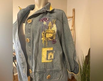Chaqueta vaquera Nancy Bolen City Girl de temática italiana talla 12 VINTAGE