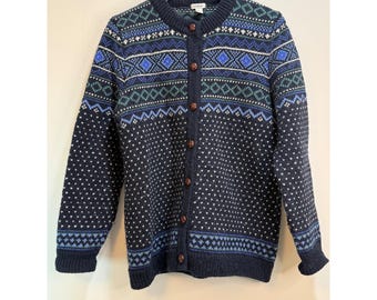 L. L. Bean Fair Isle Leather Button Cardigan Thick Knit Lagenlook Sweater Nordic Vintage 1980s