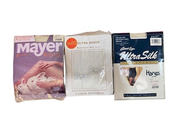 Lote de 3 medias vintage NOS Hanes Mayer Yoffi con lazo en la costura trasera, años 70 y 80, nuevas de stock antiguo.