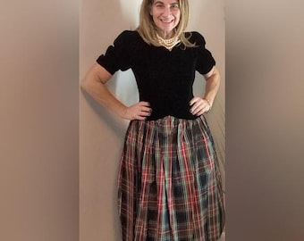 Joan Leslie Vintage Black Velvet Tartan Plaid Dress 4P AMAZING