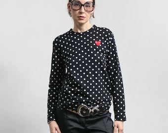 Camiseta de manga larga con lunares de Comme des Garçons Play, logo de corazón rojo, Japón, CDG XL