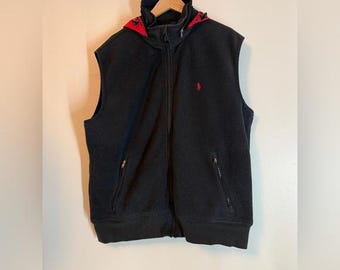 Chaleco polar Polo By Ralph Lauren con capucha y cremallera, talla XLT, negro, rojo, vintage Y2K