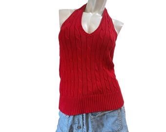 Rot Zopfmuster Neckholder Tank Chunky Textur Vintage Preppy Ralph Lauren Blue Label