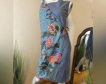 Boheme Womens Sleeveless Blue Floral Printed Wrap Dress S Vintage