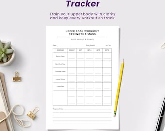 Tracker di allenamento per la parte superiore del corpo stampabile: palestra, forza e massa (download digitale in formato A4/A5/lettera)