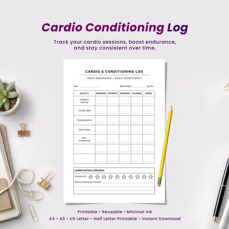 Cardio Conditioning Log Printable Fitness Tracker Endurance Training ...