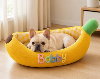 Personalized Banana Dog Bed, Pet Name Bed, Summer Cat Bed, Soft Breathable Pet Cots, Machine Washable Doggy Bed, Gift for Dogs&Cats