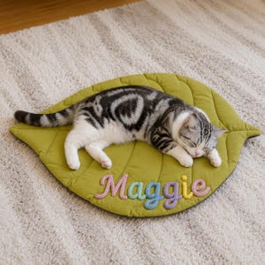 Könnte beinhalten: Eine grüne, blattförmige Haustiermatte mit dem Namen Maggie, der in pastellfarbenen Garnbuchstaben aufgestickt ist. Eine grau-weiß getigerte Katze schläft auf der Matte, die auf der Stoffoberfläche genähte Blattadern aufweist.